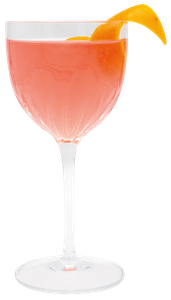 Ein stilvolles Cocktailglas, gefüllt mit einem leuchtend rosa Getränk, das mit einer frischen Orangenschale dekoriert ist.