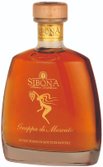 Eine elegante Flasche Grappa di Moscato mit einem Holzverschluss und goldenen Etiketten, die die Marke Sibona zeigt.