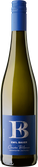 Eine schlichte Weinflasche mit tiefblauer Kapsel und modernem blauem Etikett mit silbernem „EB“-Monogramm, das der Flasche eine elegante und zeitgemäße Ausstrahlung verleiht.
