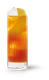 Ein Cocktail mit einer lebhaften orangefarbenen Schicht, dekoriert mit einer Zitronenschale und Eiswürfeln.