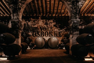 Der Weinkeller zeigt eine stimmungsvolle Atmosphäre mit beleuchteten Fässern und einer Wand, die den Namen 'OSBORNE' trägt.