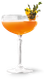 Ein eleganter Cocktail in einer Schale, gefüllt mit orangefarbener Flüssigkeit und garniert mit frischen Kräutern und einer Blüte.