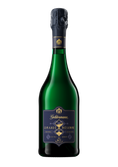 Die Flasche Geldermann Grande Réserve strahlt Luxus aus, mit einem dunkelblauen Etikett mit goldenem Dekor und einem markanten Korken.