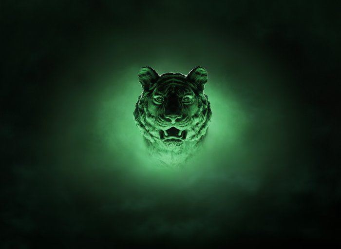 Ein majestätischer Tigerkopf leuchtet in einem geheimnisvollen grünen Licht, umgeben von einem nebligen Hintergrund.