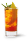 Ein kühles Getränk mit einer goldenen Farbe, serviert in einem Glas mit Eis und verziert mit einer Zitronenscheibe und Minze.