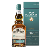 Eine Flasche Old Pulteney 15 Jahre alter Scotch Whisky steht vor einer eleganten Verpackung in Blau und Gold.