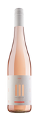 Eine Flasche alkoholfreier Roséwein mit einem eleganten, minimalistischen Etikett in sanften Farben und klaren Linien.