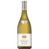 Ein hochwertiger Meursault-Wein in einer schlanken Flasche, die mit einem edlen Etikett und einem silbernen Deckel versehen ist.