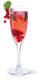 Ein schickes Glas mit einem prickelnden, pinken Cocktail, verziert mit roten Beeren und einem Blatt frischer Minze.