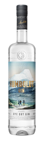 Eine elegante Flasche Humboldt Gin mit einem kunstvollen Etikett, das eine Berglandschaft und wandernde Figuren zeigt.