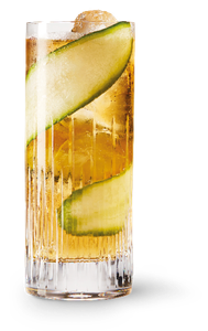 Ein erfrischender Cocktail in einem hohen Glas, dekoriert mit Gurkenscheiben und einem Eiswürfel, der für Sommerstimmung sorgt.