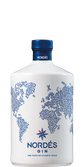 Die Flasche Nordés Gin zeigt eine kreative Darstellung der Weltkarte, umgeben von einem klaren, weißen Hintergrund.