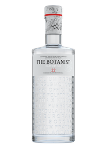 Eine elegante Flasche mit dem Etikett 'The Botanist Islay Dry Gin', verziert mit botanischen Namen auf der Oberfläche.