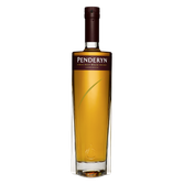 Eine elegante Flasche Penderyn Single Malt Whisky mit einem goldenen Inhalt und einem stilvollen Etikett in dunklem Braun.