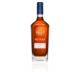 Die Flasche Metaxa 12 Jahre zeigt ein klassisches Design mit einem blauen Deckel und einem goldenen Emblem auf der Vorderseite.