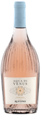 Eine elegante Flasche Roséwein mit einem zarten, geschwungenen Design und einem blauen Korken, die im Licht glänzt.