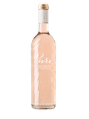 Ein hochwertiger Roséwein, der in einer transparenten Flasche mit einem eleganten, minimalistischen Etikett präsentiert wird.
