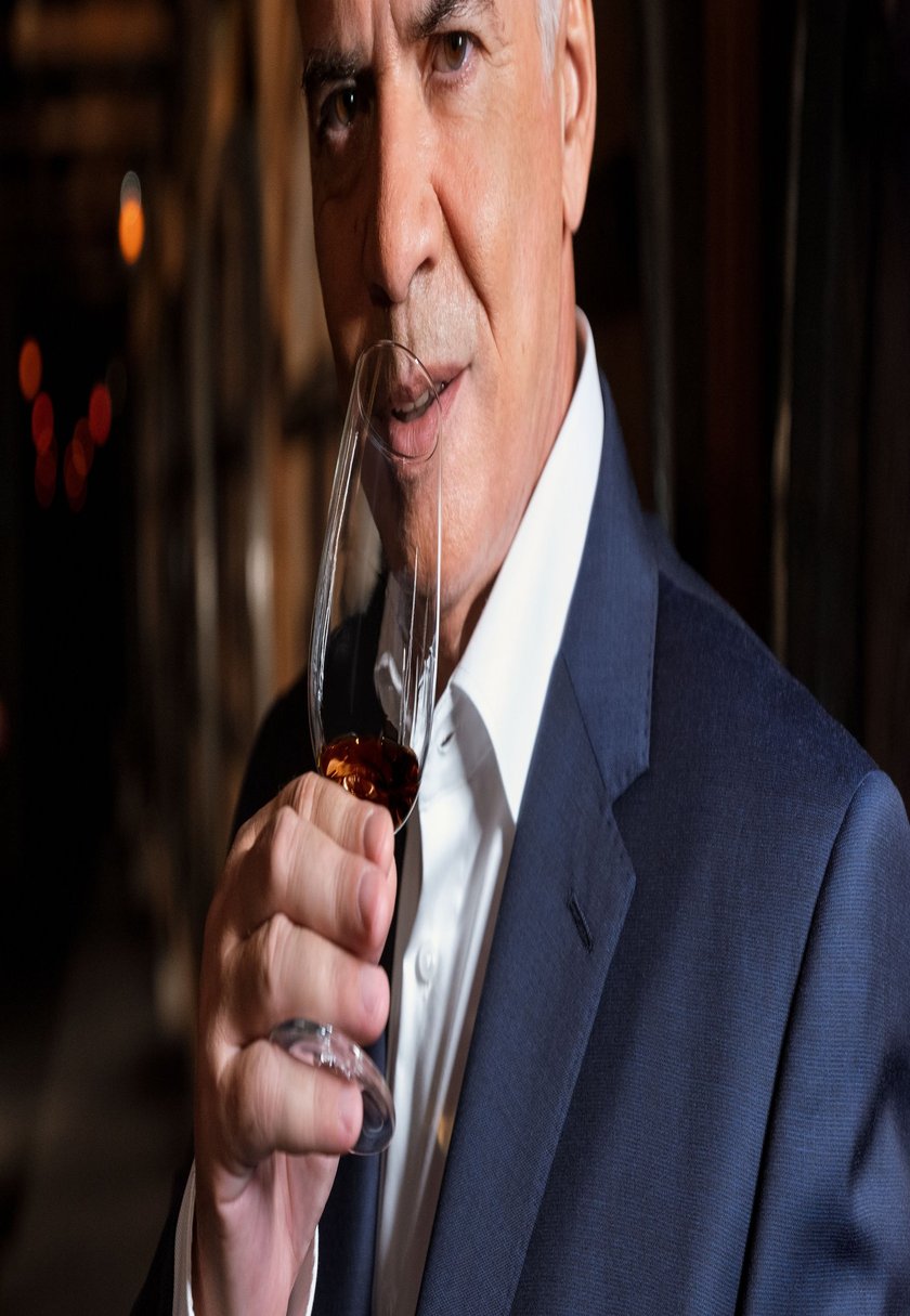 In einem gedämpften Lichtumfeld steht ein Mann in einem eleganten Anzug und nippt an seinem Whisky, während er aufmerksam schaut.