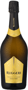 Eine elegante Flasche Ruggeri Prosecco mit goldener Kapsel und auffälligem Etikett, die für festliche Anlässe geeignet ist.