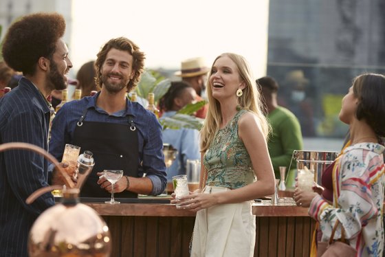 Eine fröhliche Gruppe von Freunden genießt Cocktails auf einer Dachterrasse, umgeben von Pflanzen und einer entspannten Atmosphäre.