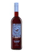 Eine Flasche alkoholfreier Aperitif mit rotem Inhalt und blauer Kappe, beschriftet mit 'Ziegler Avionic Zero'.