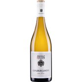 Elegante Flasche Grauburgunder Wein, gekennzeichnet mit dem Namen Franz Keller, strahlt in einem hellen, goldenen Farbton.