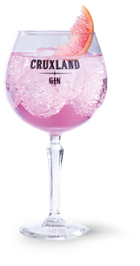 Ein elegantes Glas mit pinkem Getränk, das mit Sprudel gefüllt ist, und einer Scheibe Grapefruit am Rand.