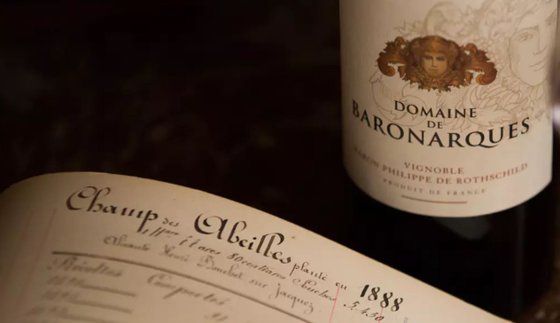 Eine Flasche Wein mit dem Etikett Domaine de Baronarques steht neben einem handgeschriebenen Weinbuch aus dem Jahr 1888.