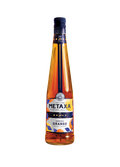 Metaxa, die originale griechische Spirituose, in einer stilvollen Flasche mit dem Schriftzug '5 Sterne' und fruchtigen Illustrationen.