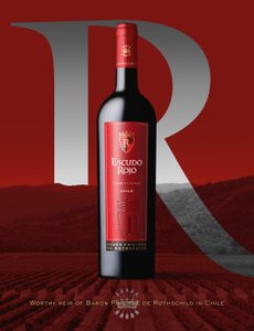 Eine elegante Flasche Rotwein mit dem Etikett 'Escudo Rojo' vor einem sanften, hügeligen Weinberg in Chile.