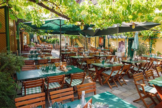Gemütliche Restaurantterrasse mit Holzstühlen und Tischen, umgeben von üppigem Grün und Sonnenschein.