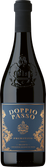 Eine elegante Dunkelglasflasche mit schwarzer Kapsel und dunkelblauem Etikett mit goldenen Verzierungen, das den hochwertigen und charakterstarken Stil des Weins unterstreicht.