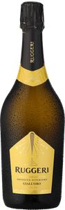 Eine elegante Flasche Ruggeri Prosecco mit goldener Kapsel und auffälligem Etikett, die für festliche Anlässe geeignet ist.
