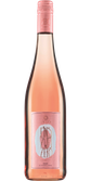Eine Flasche alkoholfreier Roséwein mit einem eleganten, rosa Etikett und einem modernen, minimalistischen Design.