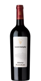Ein stilvoller Rotwein in einer dunklen Flasche, verziert mit einem goldenen Logo und einer detaillierten Illustration von Weinreben.