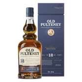 Eine Flasche Old Pulteney 18 Jahre alten Single Malt Scotch Whisky steht vor einer eleganten Verpackung in Blau.