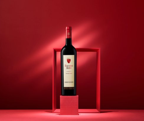 Ein stilvolles Arrangement zeigt eine Flasche Escudo Rojo Wein, die auf einem roten Block vor einer harmonischen roten Wand steht.