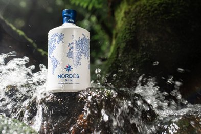 Eine Flasche Nordés Gin steht auf einem moosbedeckten Stein, umgeben von sprudelndem Wasser in einer natürlichen Umgebung.
