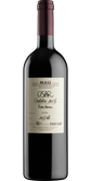 Eine elegante Flasche Rotwein mit einem tiefen, dunklen Etikett und handschriftlichen Notizen über die Traube und den Jahrgang.