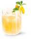 Ein erfrischendes Getränk in einem klaren Glas, gefüllt mit Eis und einer leuchtend gelben Flüssigkeit.