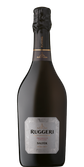 Eine elegante Flasche Prosecco mit schwarzem Etikett und silberner Schrift, die den Namen Ruggeri trägt.