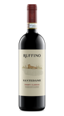 Eine Flasche Ruffino Chianti Classico mit einem eleganten Etikett und einem historischen Gebäude im Hintergrund.