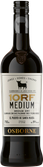 Die Flasche Jerez Sherry von Osborne zeigt ein klassisches Design mit dem Schriftzug 'Medium' und einem stilisierten Stier.