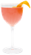 Ein stilvolles Cocktailglas, gefüllt mit einem leuchtend rosa Getränk, das mit einer frischen Orangenschale dekoriert ist.