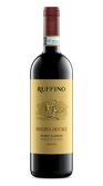 Eine elegante Flasche Chianti Classico mit einem goldenen Etikett, das eine historische Szene zeigt, steht vor schwarzem Hintergrund.