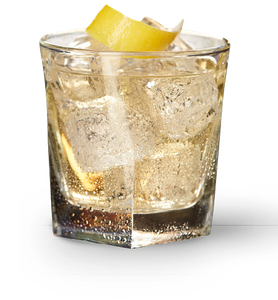 Ein stilvolles Glas mit einem sprudelnden Getränk, das Eiswürfel und eine frische Zitronenscheibe enthält.