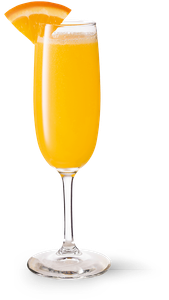 Ein elegantes Glas mit einem sprudelnden, orangefarbenen Getränk, garniert mit einer Orangenscheibe am Rand.